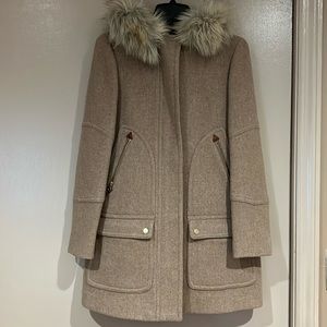 Tan wool coat with fur trim hood